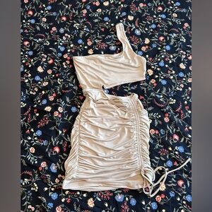 Lucy in the Sky One-Shoulder Ruched Bodycon Dress in Light Beige